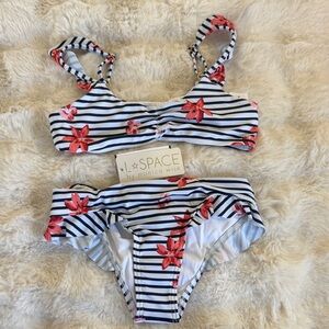 L*Space Black and White Striped Bikini with Red Floral Accents